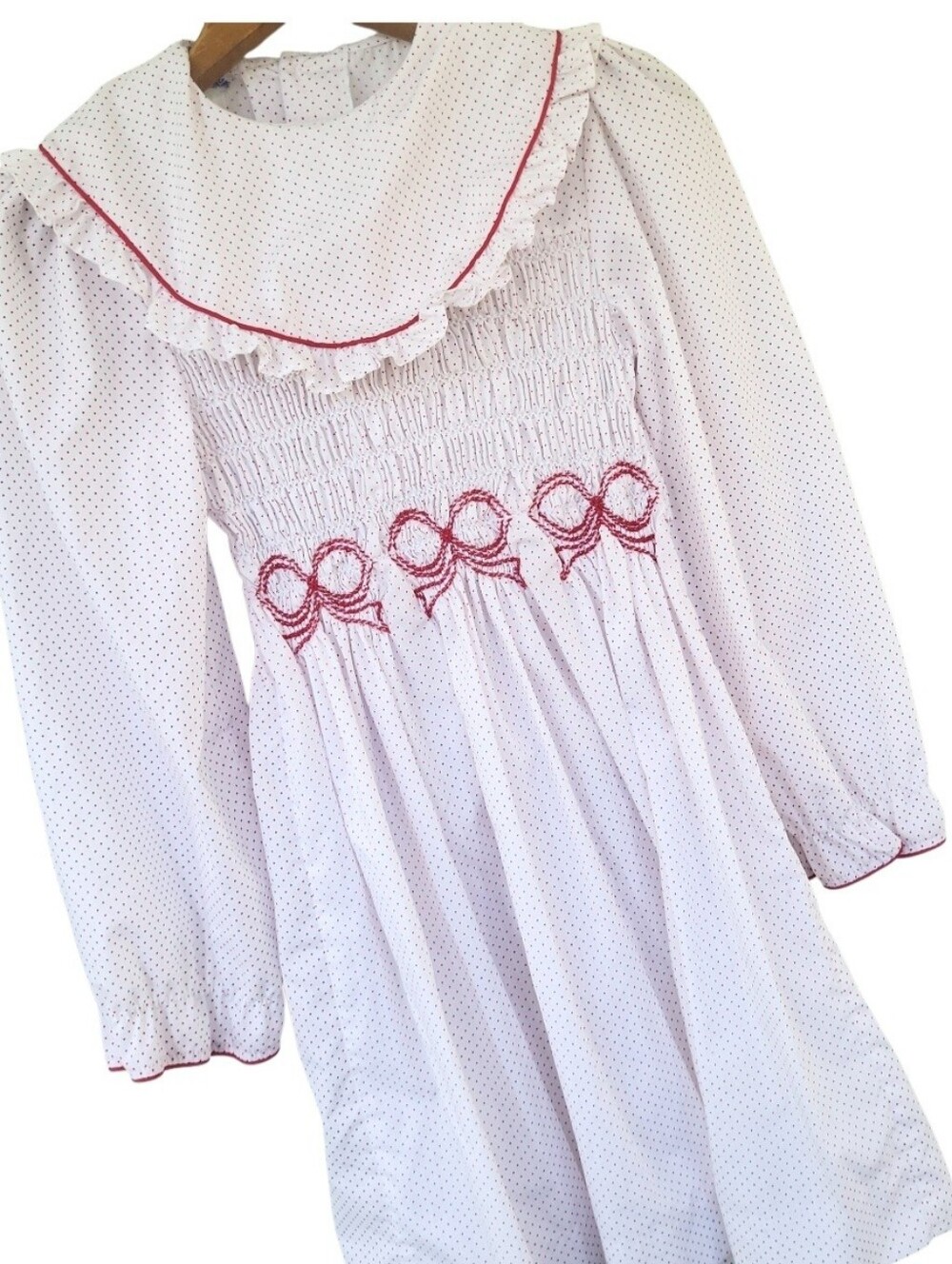 Vintage Girls Polly Flinders Red & White Polka Dot Smocked Bow Dress Size 8